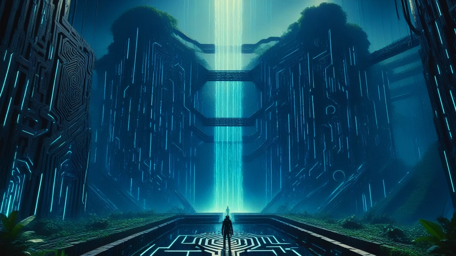 C7b3rp0nkStyle, dark night, prehistoric maze mysterial garden, waterfall, cyberpunk, sci-fi, futuristic, tech