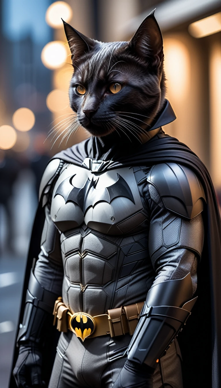 Cat, ((batman outfit)), Spectacular sights, Dynamic Camera, Backlight, (closure:1.2), High-quality photos, Three-point lighting, Flash with softbox, 4K, Canon EOS R3, high resolution, Smooth, Clear focus, high resolution, Award-winning photos, 80 mm, F2.8, Bokeh
