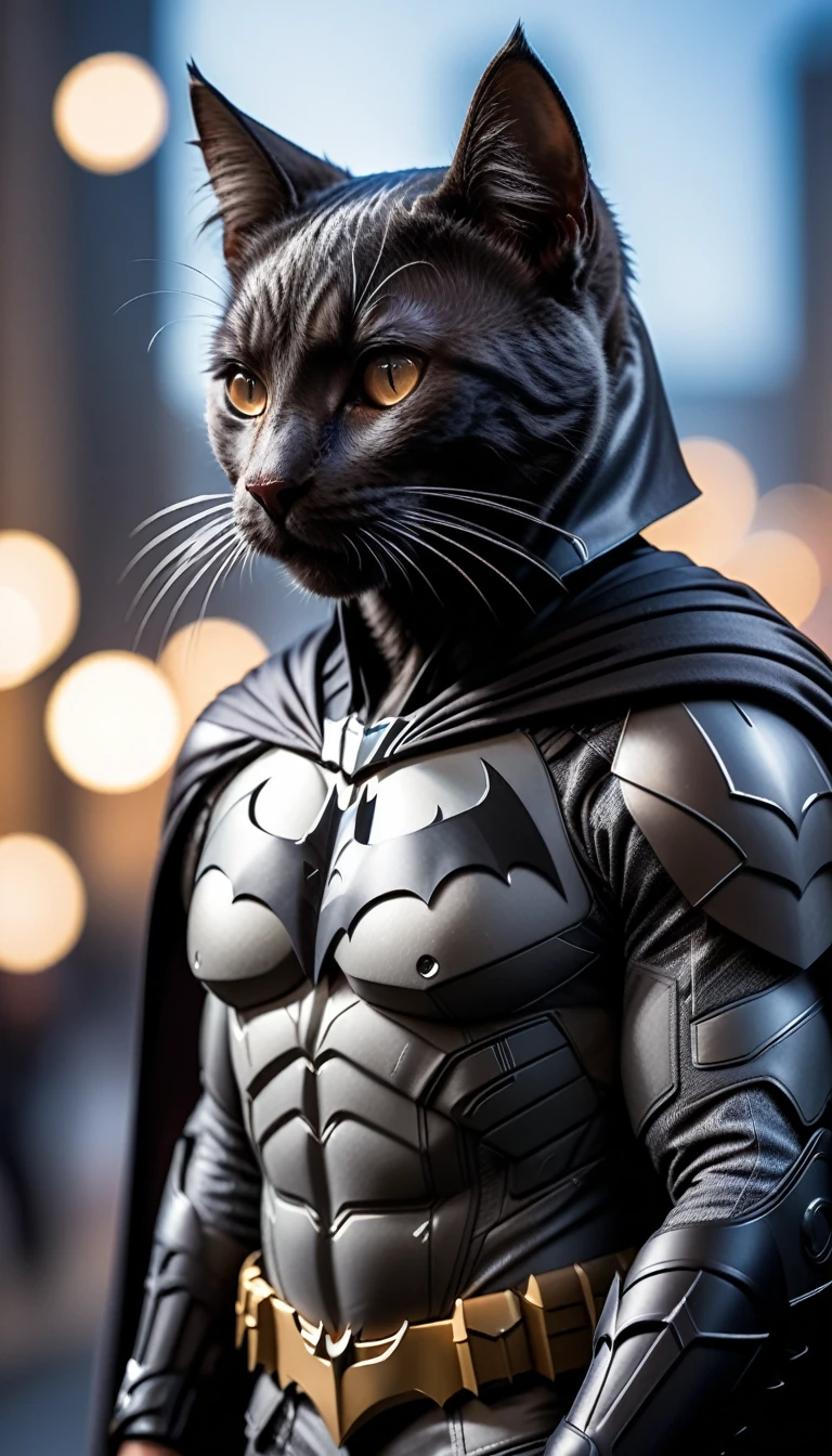 Cat, ((batman outfit)), Spectacular sights, Dynamic Camera, Backlight, (closure:1.2), High-quality photos, Three-point lighting, Flash with softbox, 4K, Canon EOS R3, high resolution, Smooth, Clear focus, high resolution, Award-winning photos, 80 mm, F2.8, Bokeh