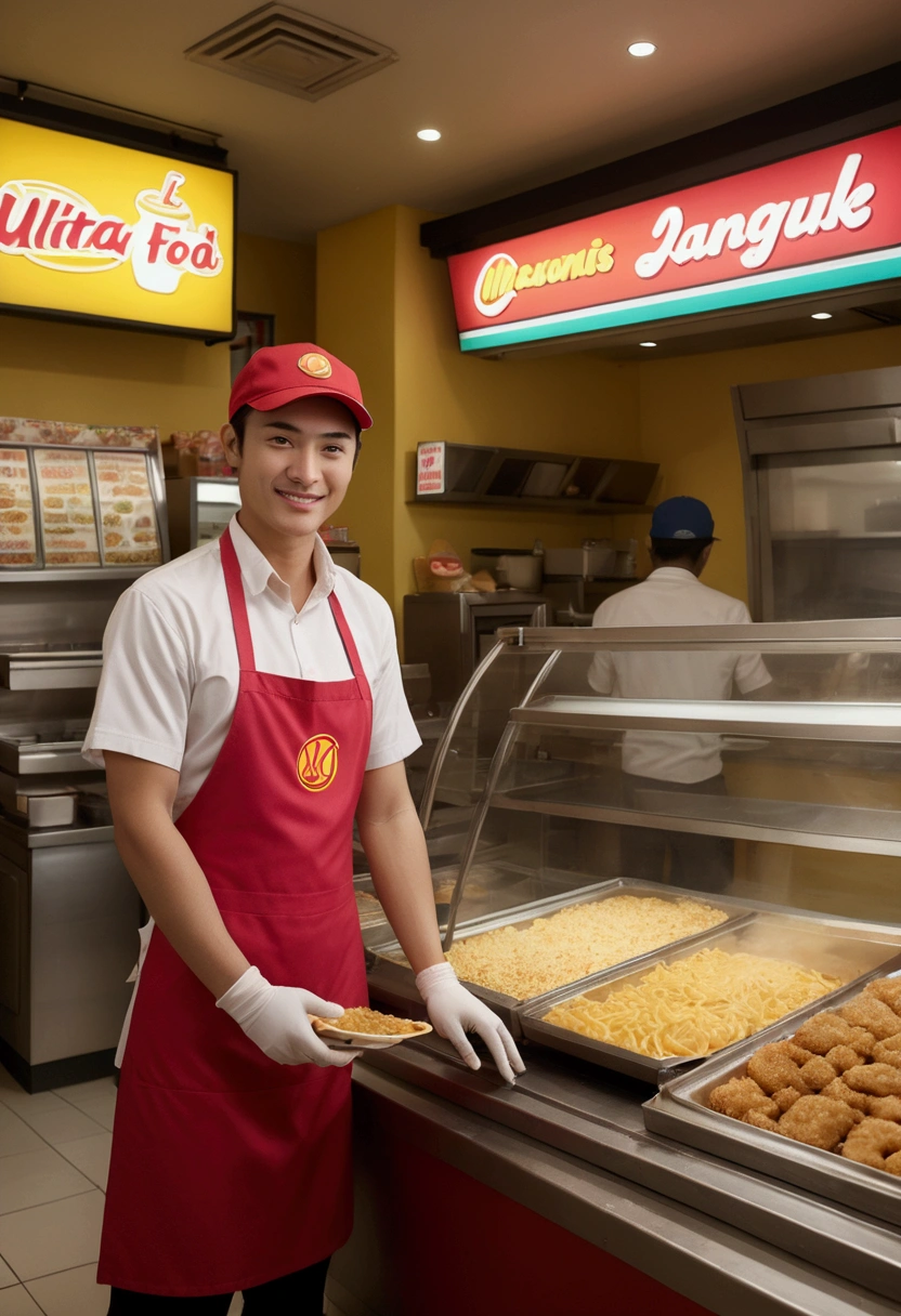 (a Fast Food Worker), A fast-food worker prepares customers' orders quickly with skillful skills in an country fast-food restaurant, and at the same time communicates happily with customers. The background is an country fast-food restaurant, with cartoon-like vividness and vitality, full body, (Photography), panoramic view, award-winning, cinematic still, emotional, vignette, dynamic, vivid, (masterpiece, best quality, Professional, perfect composition, very aesthetic, absurdres, ultra-detailed, intricate details:1.3)
