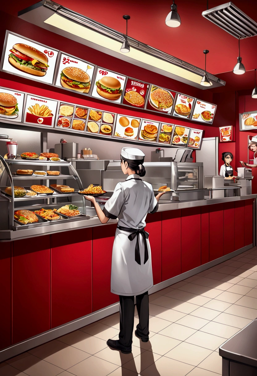 (a Fast Food Worker), A fast-food worker prepares customers' orders quickly with skillful skills in an country fast-food restaurant, and at the same time communicates happily with customers. The background is an country fast-food restaurant, with cartoon-like vividness and vitality, full body, (Photography), panoramic view, award-winning, cinematic still, emotional, vignette, dynamic, vivid, (masterpiece, best quality, Professional, perfect composition, very aesthetic, absurdres, ultra-detailed, intricate details:1.3)