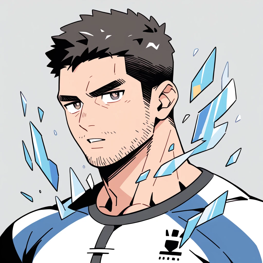 anime characters：Chris Redfield, Muscle Sports Student, Buzz Cut, Manliness, male focus, Dark black and Yellow high collar long sleeve tight T-shirt, Slightly transparent material, Very tight, Round, full and perky chest muscles, muscular male, muscular, only, Upper body, alone, Black short hair, Thick eyebrows, stubble, Brown-red pupils, Grey background, simple background, amazing quality, best aesthetics, Ridiculous, crew cut, parted lips, v-shaped eyebrows, jitome, best quality