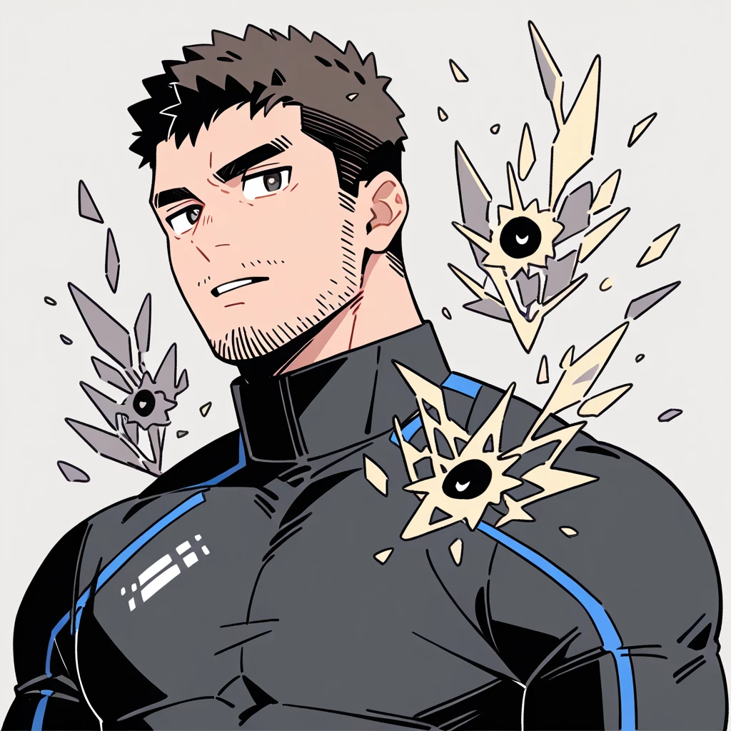 anime characters：Chris Redfield, Muscle Sports Student, Buzz Cut, Manliness, male focus, Dark black and Yellow high collar long sleeve tight T-shirt, Slightly transparent material, Very tight, Round, full and perky chest muscles, muscular male, muscular, only, Upper body, alone, Black short hair, Thick eyebrows, stubble, Brown-red pupils, Grey background, simple background, amazing quality, best aesthetics, Ridiculous, crew cut, parted lips, v-shaped eyebrows, jitome, best quality