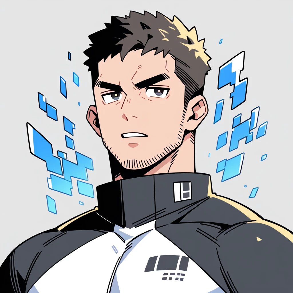 anime characters：Chris Redfield, Muscle Sports Student, Buzz Cut, Manliness, male focus, Dark black and Yellow high collar long sleeve tight T-shirt, Slightly  material, Very tight, Round, full and perky chest muscles, muscular male, muscular, only, Upper body, alone, Black short hair, Thick eyebrows, stubble, Brown-red pupils, Grey background, simple background, amazing quality, best aesthetics, Ridiculous, crew cut, parted lips, v-shaped eyebrows, jitome, best quality