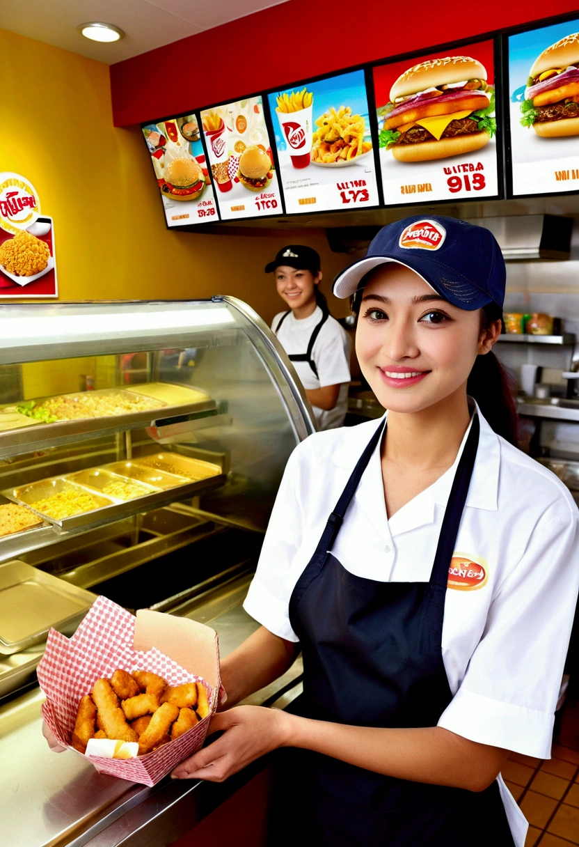 (Fast Food Worker), Cyberpunk style, a fast food clerk is doing the final tidying up work in the restaurant at night. The lights inside the restaurant emit charming colors, and the clerk's figure appears particularly prominent at the window, with the background of night city, full body, (Photography), panoramic view, award-winning, cinematic still, emotional, vignette, dynamic, vivid, (masterpiece, best quality, Professional, perfect composition, very aesthetic, absurdres, ultra-detailed, intricate details:1.3)