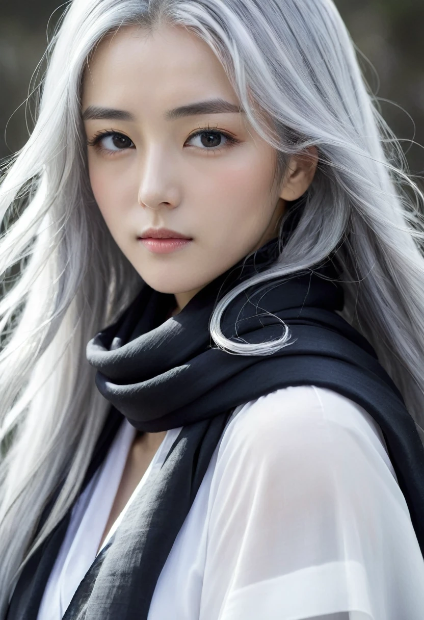 Close-up of a woman with grey hair and a black scarf, Portraits by Jan J., pixiv Contest Winner, Fantasy art, White-haired God, Beautiful character drawings, artwork in the style of Gwaiz, The sharp gaze of the Yuki-onna, Gwaiz, White long hair, of long white hair, Flowing hair and long robes
