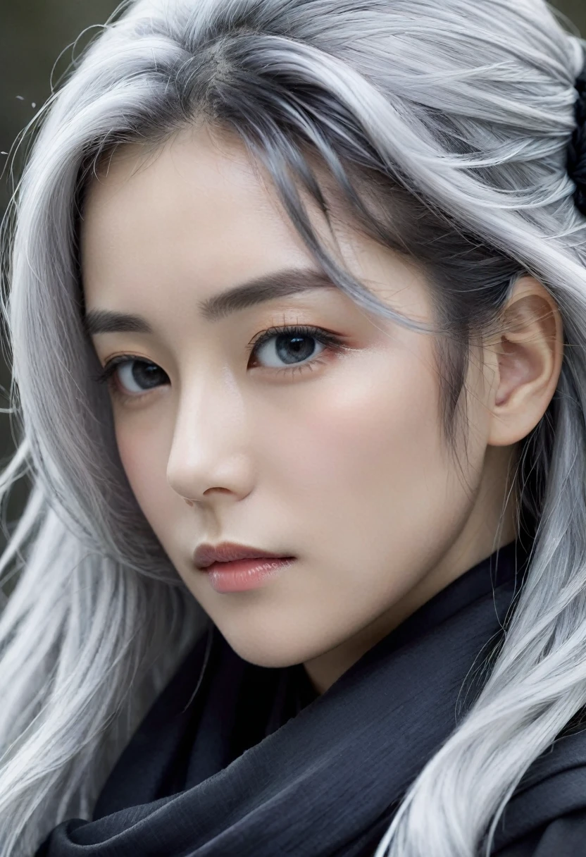 Close-up of a woman with grey hair and a black scarf, Portraits by Jan J., pixiv Contest Winner, Fantasy art, White-haired God, Beautiful character drawings, artwork in the style of Gwaiz, The sharp gaze of the Yuki-onna, Gwaiz, White long hair, of long white hair, Flowing hair and long robes