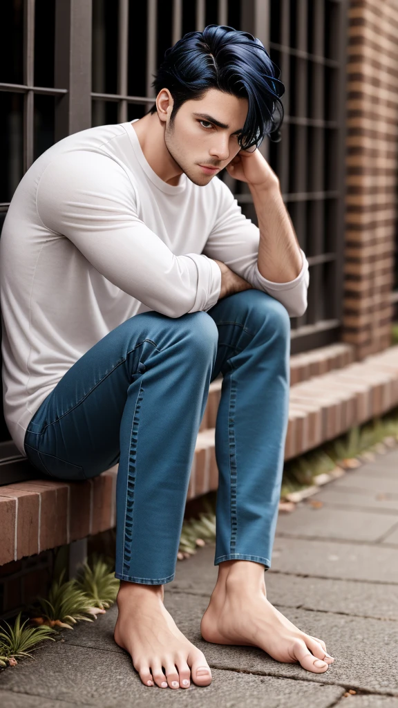 The person is also generated vertically.Create a highly detailed image of a mysterious and thoughtful young man in a crouched position. The character should have spiky black hair, large expressive eyes with dark circles, and a pale complexion. He is dressed in a loose-fitting white long-sleeve shirt and dark blue jeans. His pose is distinctive, with one hand near his mouth and the other resting on the ground for balance, and he is barefoot. The background should be minimalistic and white to emphasize the character's unique appearance and contemplative demeanor. The lighting should be soft, highlighting the character's thoughtful expression and unique posture.Background is a little horror.