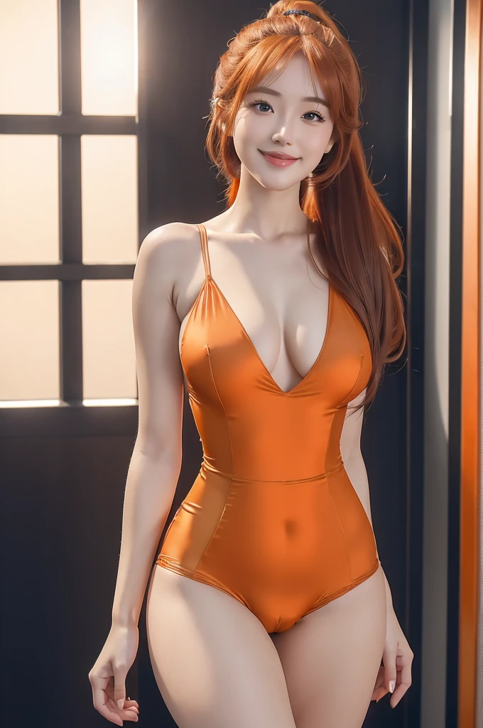 8K, Masterpiece, RAW photo, Best quality, Photorealistic, Extremely detailed Cg Unity 8K wallpaper, Depth of field, Cinematic light, Lens flare, Ray tracing, (Blurred background), (Dim light), (No one is in the background:1.3), (Full body shot), front footage, (Full body shot),
(Extremely beautiful face, Beautiful lips, Beautiful eyes), intricate detail face, ((ultra detailed skin)) 1girll, Pretty Korean girl, Kpop idol, 1 girl, (shy smile:1.3), (Pale skin), (brown hairs), big breast, wide hips, pale skin, ((straight long orange red hair)) ((high elegant ponytail)), shy smile, tender eyes, perfect slim body,
((wearing a silky sexy tight blue short jumpsuit)), ((camel-toe)),