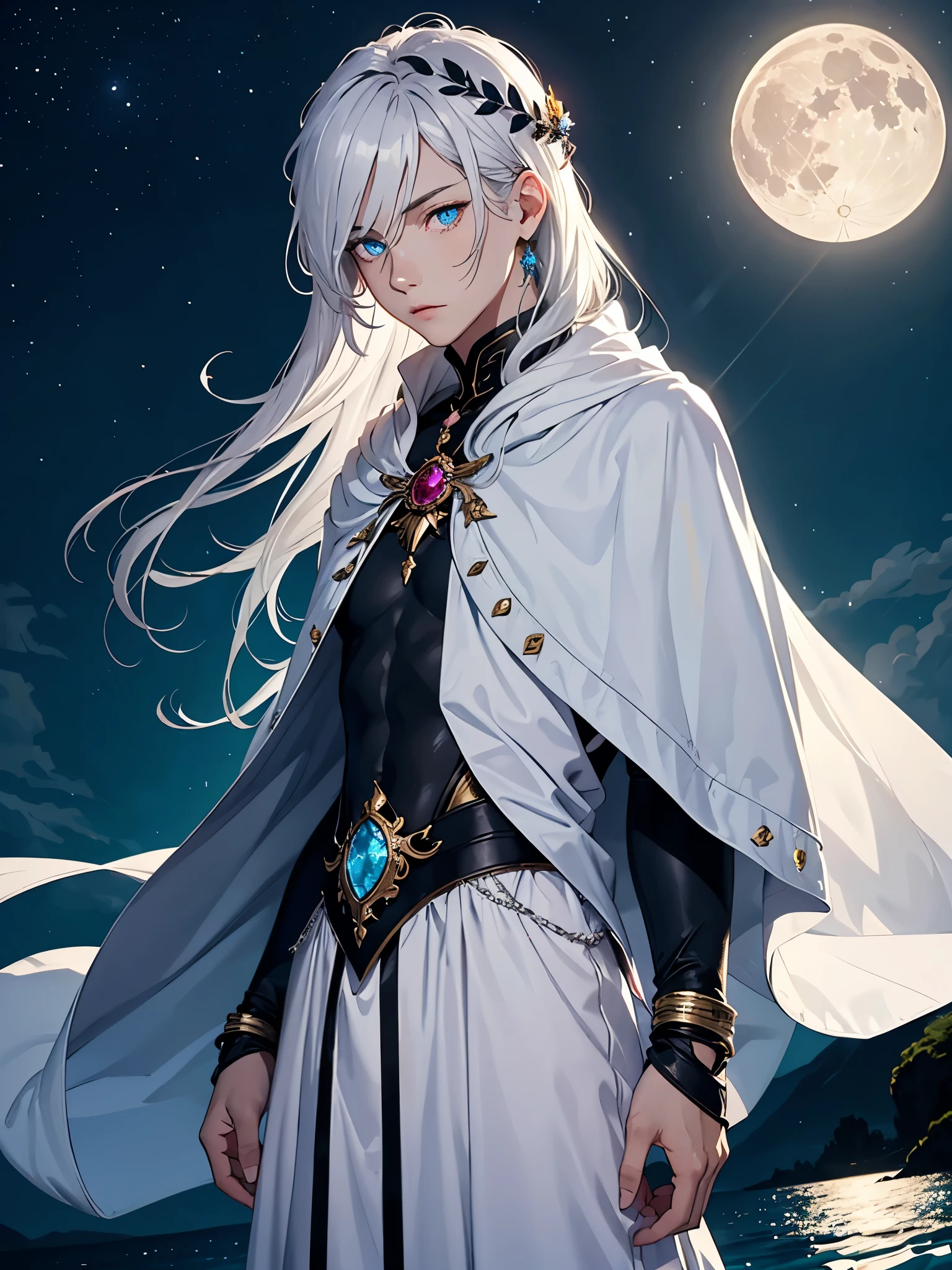 Long hair. long white hair. aquatic, boy, Goddess of the Moon, silver hair accessories, White hair, White dress, cape, at night, saturated colors, light eyes, bright, light blue light, blue eyes, Jewelry silver, bluish light, Full moon in the background, aquatic in der Luft rosa kerzen