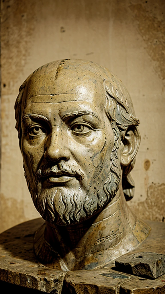 Painting or statue of Socrates, background of people writing on papyrus or stone tablets.