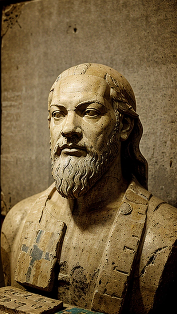 Painting or statue of Socrates, background of people writing on papyrus or stone tablets.