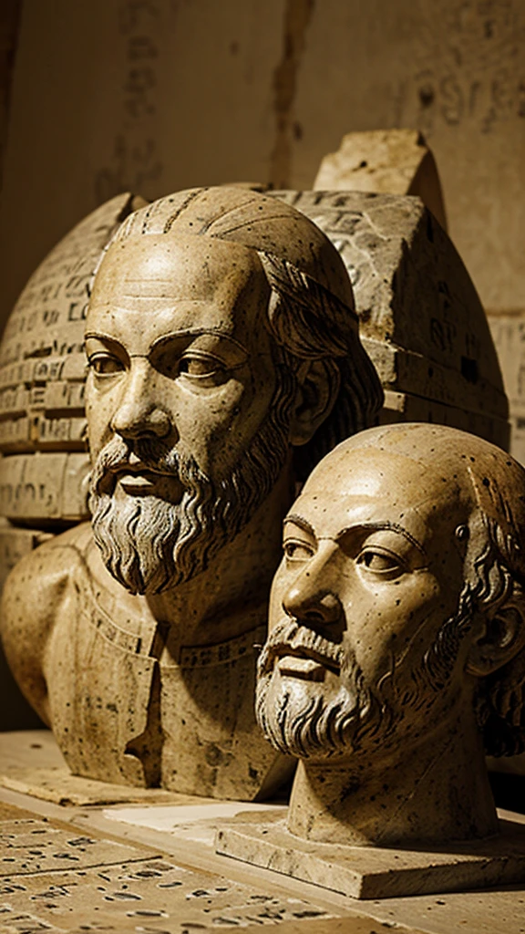 Painting or statue of Socrates, background of people writing on papyrus or stone tablets.