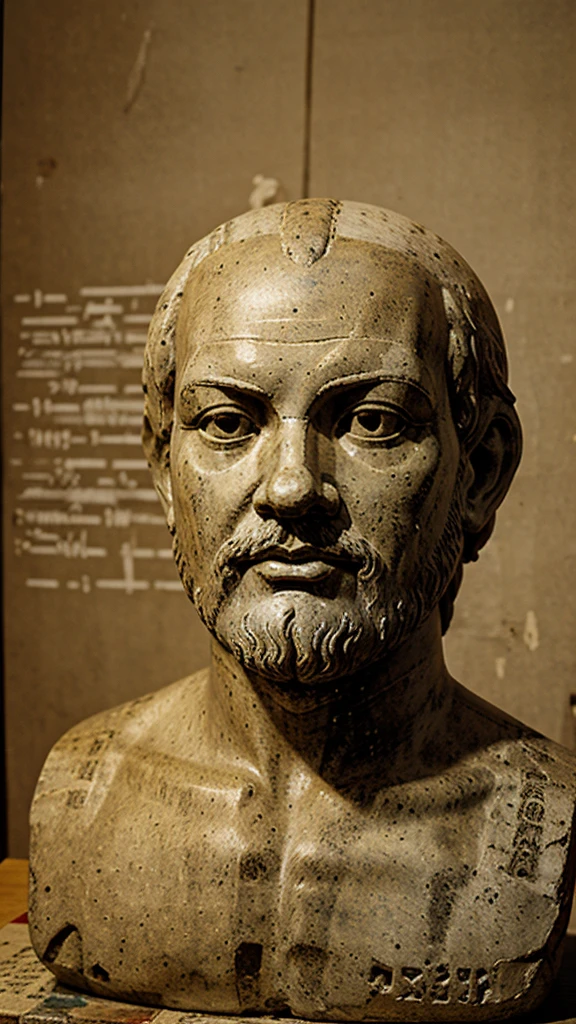 Painting or statue of Socrates, background of people writing on papyrus or stone tablets.