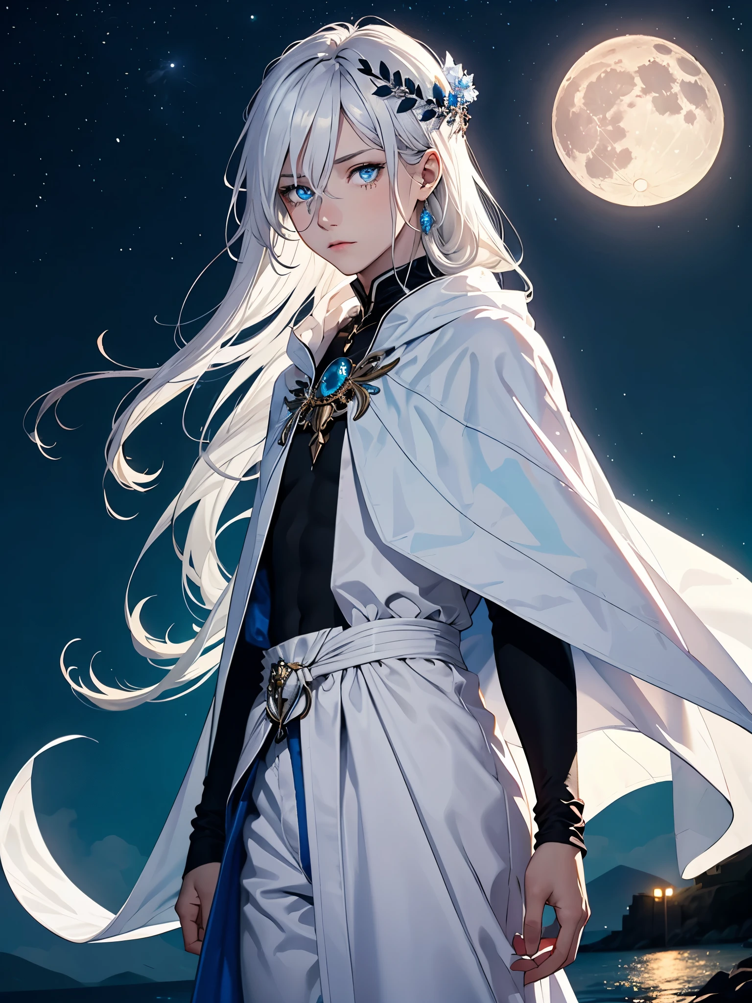 Long hair. long white hair. aquatic, boy, Goddess of the Moon, silver hair accessories, White hair, White dress, cape, at night, saturated colors, light eyes, bright, light blue light, blue eyes, Jewelry silver, bluish light, Full moon in the background, aquatic in der Luft rosa kerzen