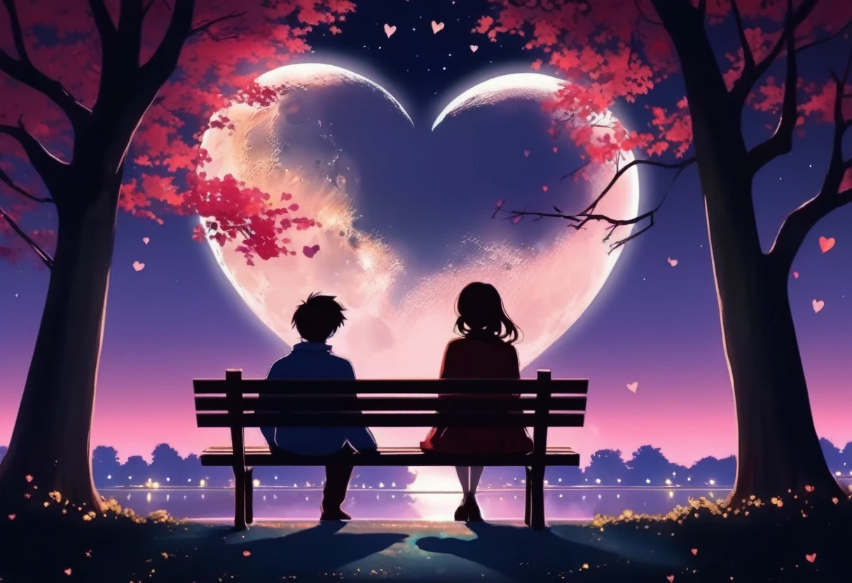 Back view, Anime style, a couple sitting on a bench in the park, at night, (Valentine mood :1.2), full moon, heart-shaped shadow on the moon
