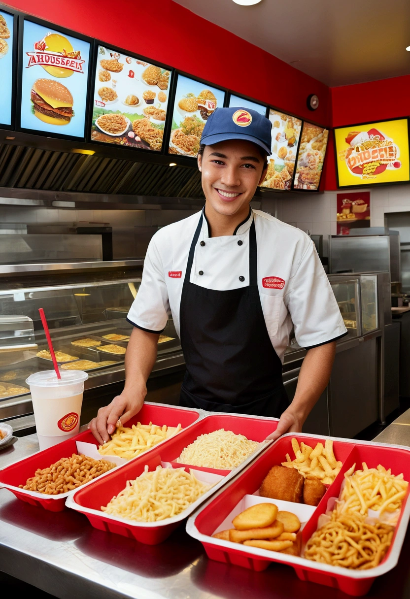 (a Fast Food Worker), A fast-food worker prepares customers' orders quickly with skillful skills in an country fast-food restaurant, and at the same time communicates happily with customers. The background is an country fast-food restaurant, with cartoon-like vividness and vitality, full body, (Photography), panoramic view, award-winning, cinematic still, emotional, vignette, dynamic, vivid, (masterpiece, best quality, Professional, perfect composition, very aesthetic, absurdres, ultra-detailed, intricate details:1.3)