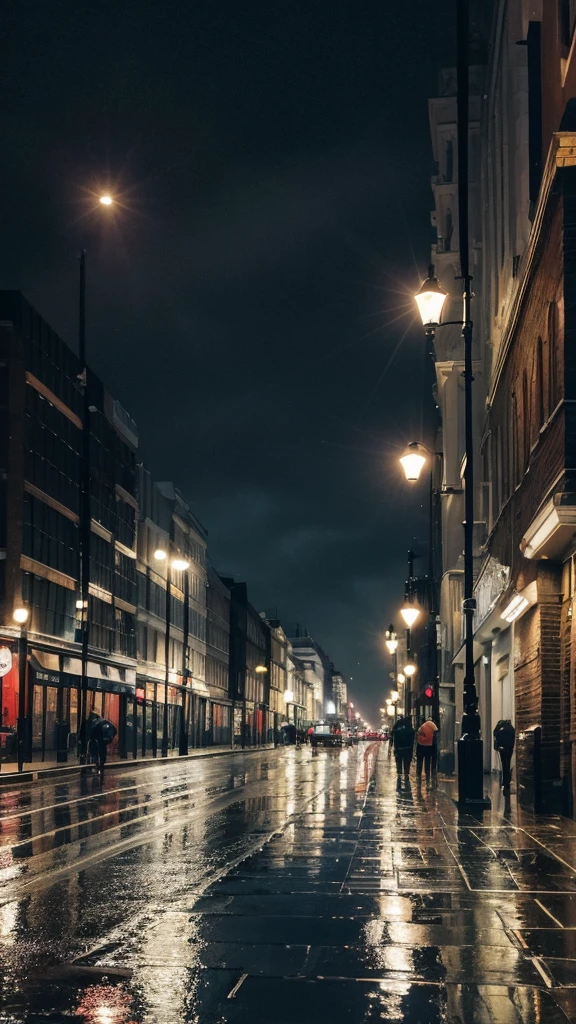 A rain-soaked sidewalk　Night view　London