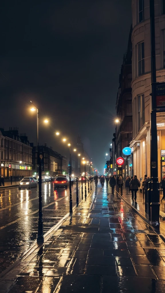 A rain-soaked sidewalk　Night view　London