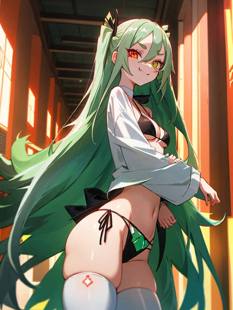 score_9, score_8_up, score_7_up, indoors, cowboy shot, source_anime, 1girl, long hair, silver hair, two side up, long sidelocks, jade green eye, ruby red eye, heterochromia, forehead, short eyebrows, hikimayu, long white eyelashes, white eyeliner, fang, wearing a bikini light smile, white thighhighs, thick_ass_