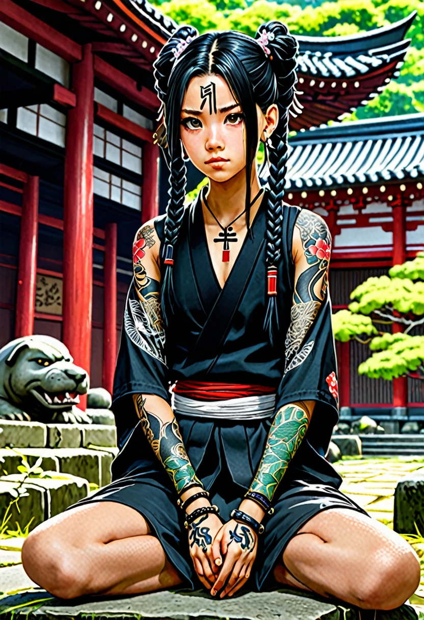 The image shows a young girl sitting in what appears to be an outdoor setting, possibly in an environment resembling a temple or a traditional Japanese area. The girl's hair is black and styled in an anime-like fashion, with two small braids on the sides. Her eyes are large and expressive, with a hint of contemplation or sadness in her gaze. She has tattoos covering her arms and legs, including intricate designs featuring dragons and flowers. She is wearing a loose black shirt with a drawing of a dog on the chest, possibly with some Japanese writings or symbols on the sleeve. She is adorned with several necklaces and bracelets, giving her a youthful and trendy appearance. She also has some earrings. Behind the girl, there is a pair of traditional Japanese swords (katana) strapped to her back, giving her a warrior-like look.緒に 