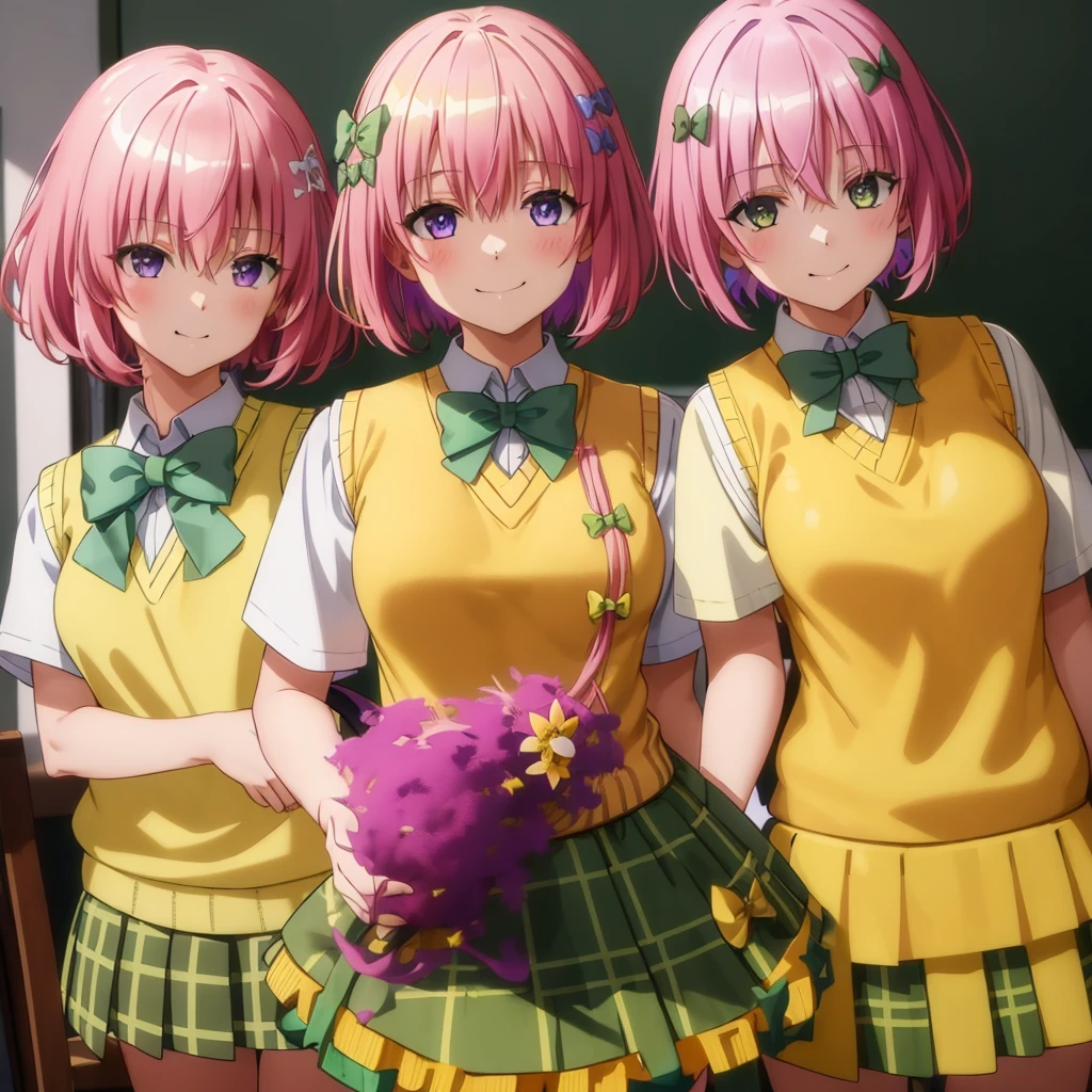 Momodebilke, Deviluke Type, demon tail, Hair Flowers, hair ornaments, (Purple eyes:1.1), Pink Hair, short hair, tail, smile,最高masterpiece，Highest quality，
break demon tail, green skirt, Plaid, Plaid skirt, Sainan High , , skirt, Sweater vest, Knee socks, (Yellow Sweater:1.5), Short sleeve, bow, (green bow:1.5),
break indoors, classroom,
break looking at viewer, (Cowboy Shot:1.5),
break (masterpiece:1.2), Highest quality, High resolution, unity 8k wallpaper, (figure:0.8), (beautiful detailed eyes:1.6), extremely detailed face, Perfect lighting, extremely detailed CG, (Perfect hands, Perfect Anatomy),