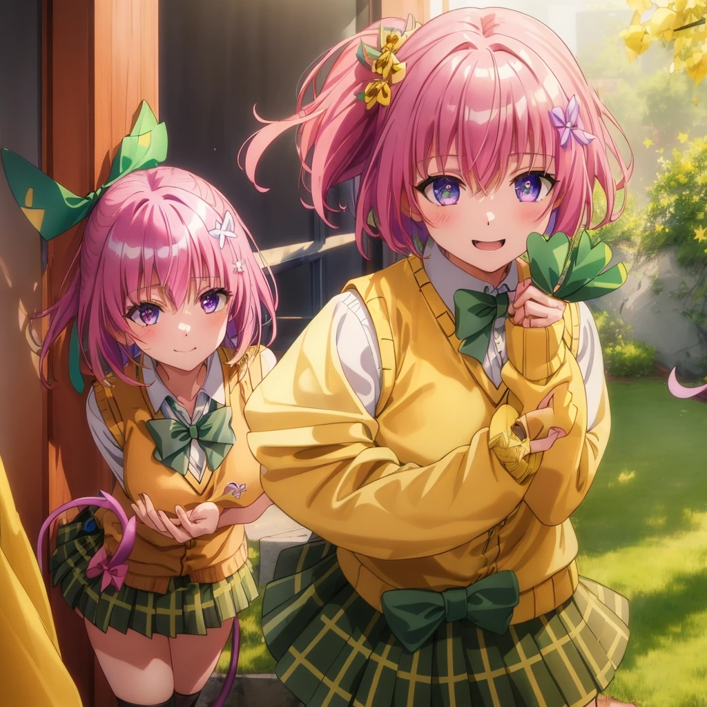 Momodebilke, Deviluke Type, demon tail, Hair Flowers, hair ornaments, (Purple eyes:1.1), Pink Hair, short hair, tail, smile,最高masterpiece，Highest quality，
break demon tail, green skirt, Plaid, Plaid skirt, Sainan High , , skirt, Sweater vest, Knee socks, (Yellow Sweater:1.5), Short sleeve, bow, (green bow:1.5),
break indoors, classroom,
break looking at viewer, (Cowboy Shot:1.5),
break (masterpiece:1.2), Highest quality, High resolution, unity 8k wallpaper, (figure:0.8), (beautiful detailed eyes:1.6), extremely detailed face, Perfect lighting, extremely detailed CG, (Perfect hands, Perfect Anatomy),