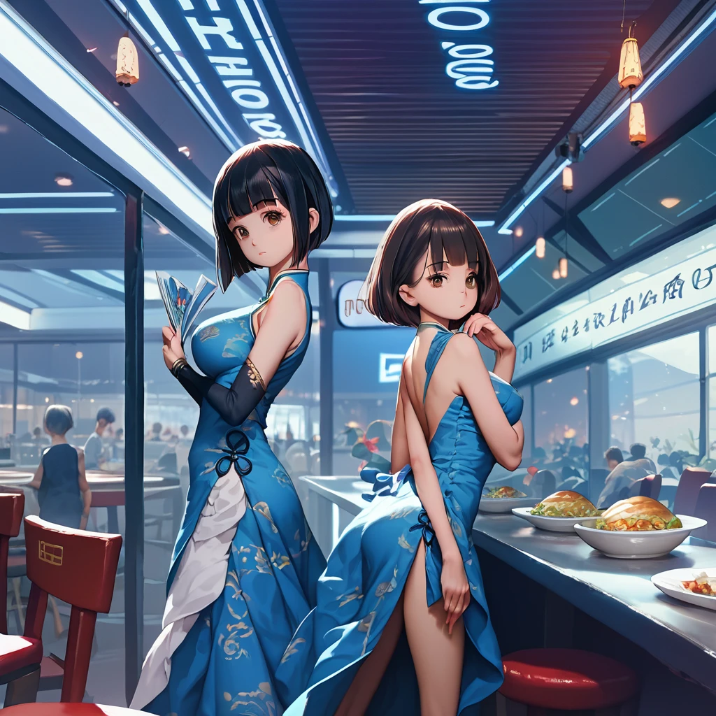 score_9,score_8_up,score_7_up,masterpiece,best quality, source anime, realistic, super detailed, extreme detailed, rating_safe,
1girl, standing,
BREAK girl, 22yo, short hair, bob cut, (blunt bangs), black hair, (tareme, detailed cute brown eyes), curled eyelashes, (large breasts:0.9),
shiny hair, beautiful detailed eyes, beautiful face,
slender, small ass, slim legs,
body conscious cheongsam, expressionless, Chinese restaurant