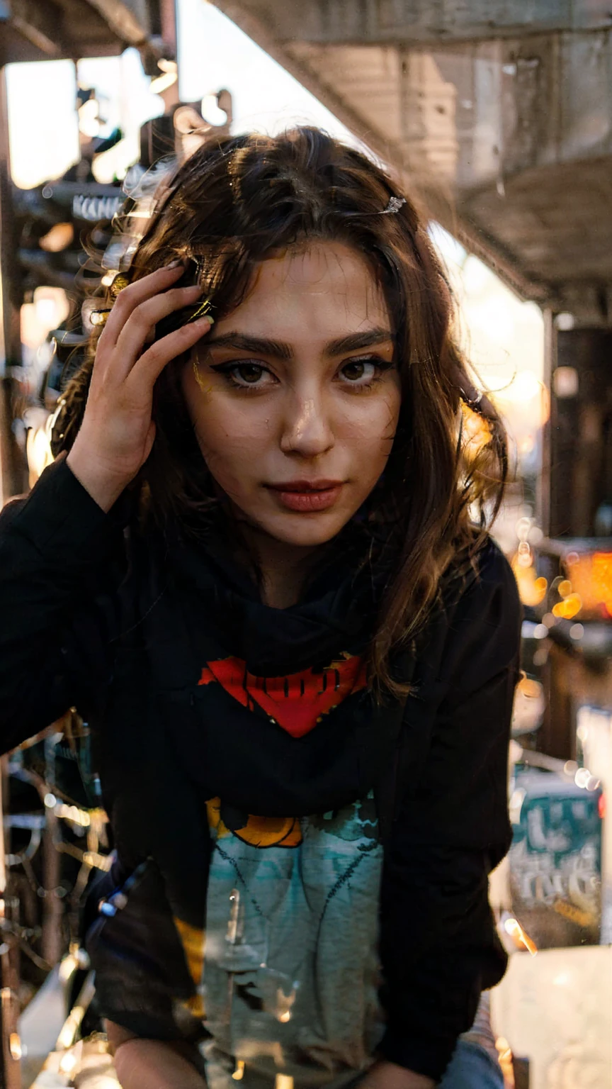 young woman looking at the camera,full lips, brown eyes, blonde, black sweatshirt, city, bright sunset