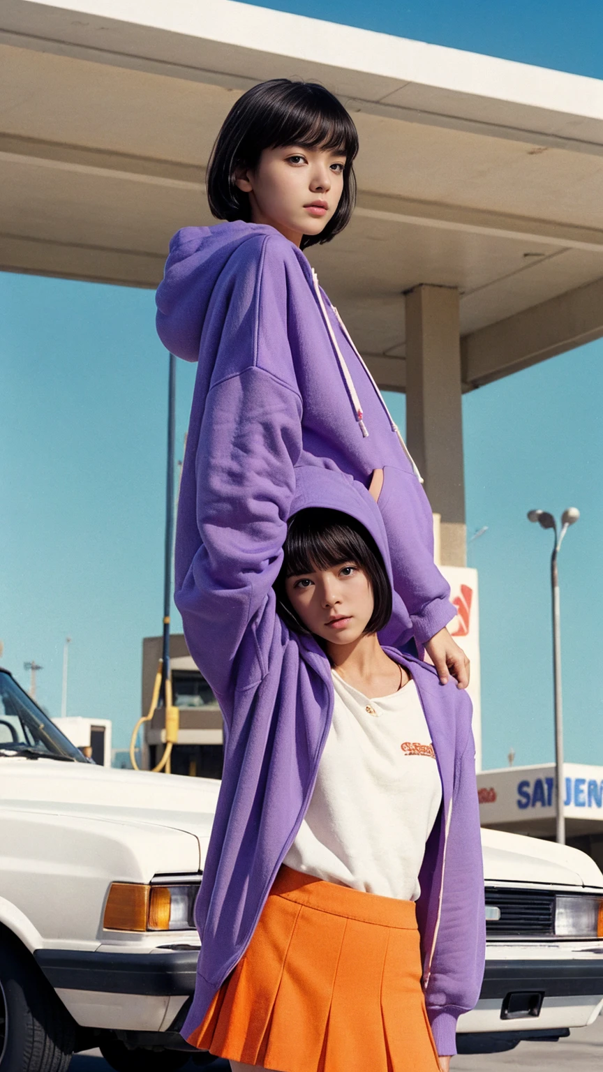  photo cinematic photograph long shot portraits by Wes Anderson, cute 23 yo girl ,fokus, bokeh ,wear ((orange color oversized_hoodie)), wear ((purple tennis skirt)),looking front,Best Quality,Masterpiece,Ultra High Resolution,(Realisticity:1.4),Original Photo, 1Girl, light leak,ultra high resolution,UHD,beautiful, (black bob hair), almond eye, no makeup, in front of ((80's los angles gas station)), (realistic:1.2), (surreal:1.3), (very detailed:1.1), ((masterpiece)),summer, blue sky, palm trees,sunny, los angles vibes,film camera, 800mm lens,style of Philip Lorca diCorcia