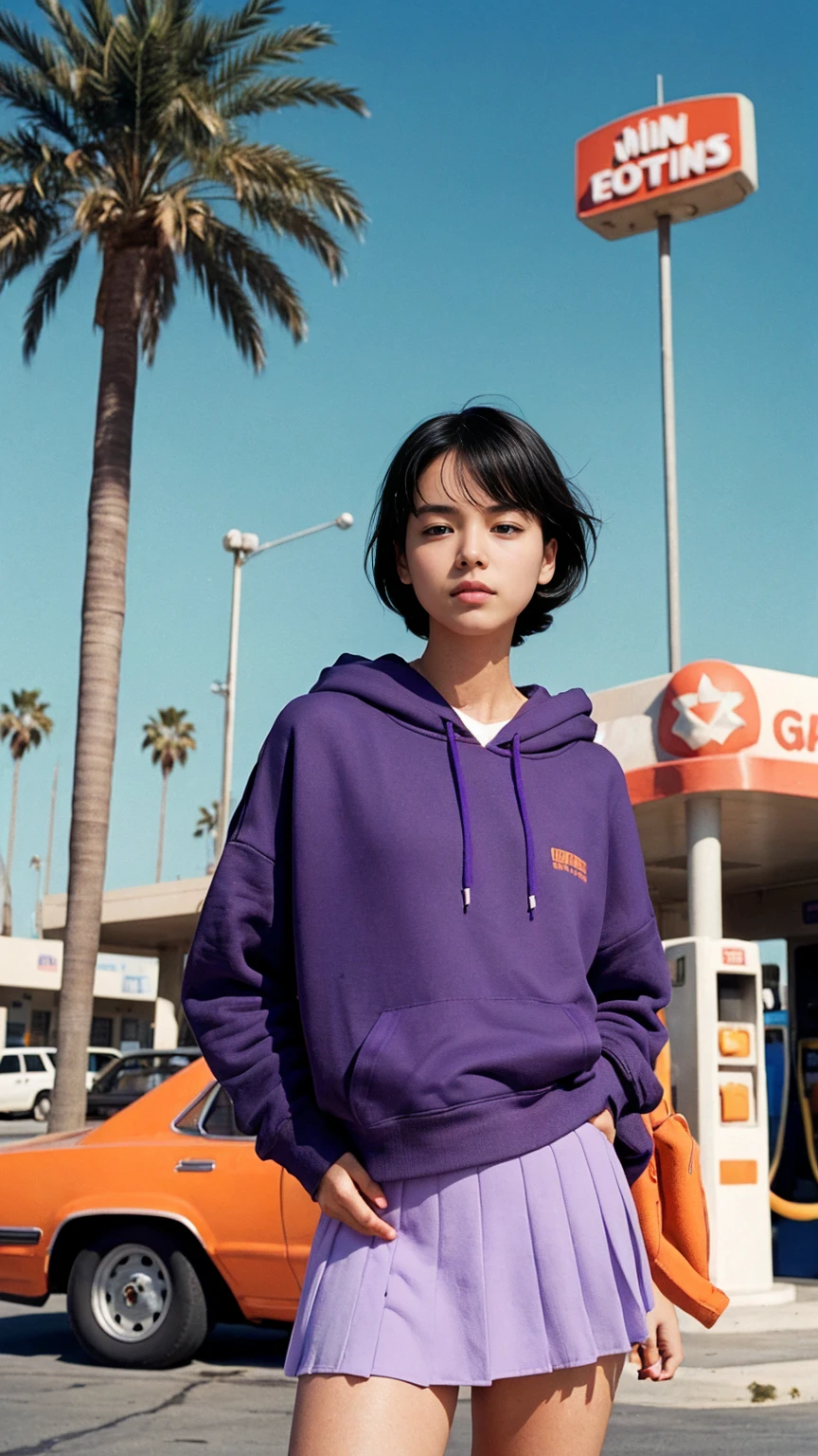  photo cinematic photograph long shot portraits by Wes Anderson, cute 23 yo girl ,fokus, bokeh ,wear ((orange color oversized_hoodie)), wear ((purple tennis skirt)),looking front,Best Quality,Masterpiece,Ultra High Resolution,(Realisticity:1.4),Original Photo, 1Girl, light leak,ultra high resolution,UHD,beautiful, (black bob hair), almond eye, no makeup, in front of ((80's los angles gas station)), (realistic:1.2), (surreal:1.3), (very detailed:1.1), ((masterpiece)),summer, blue sky, palm trees,sunny, los angles vibes,film camera, 800mm lens,style of Philip Lorca diCorcia