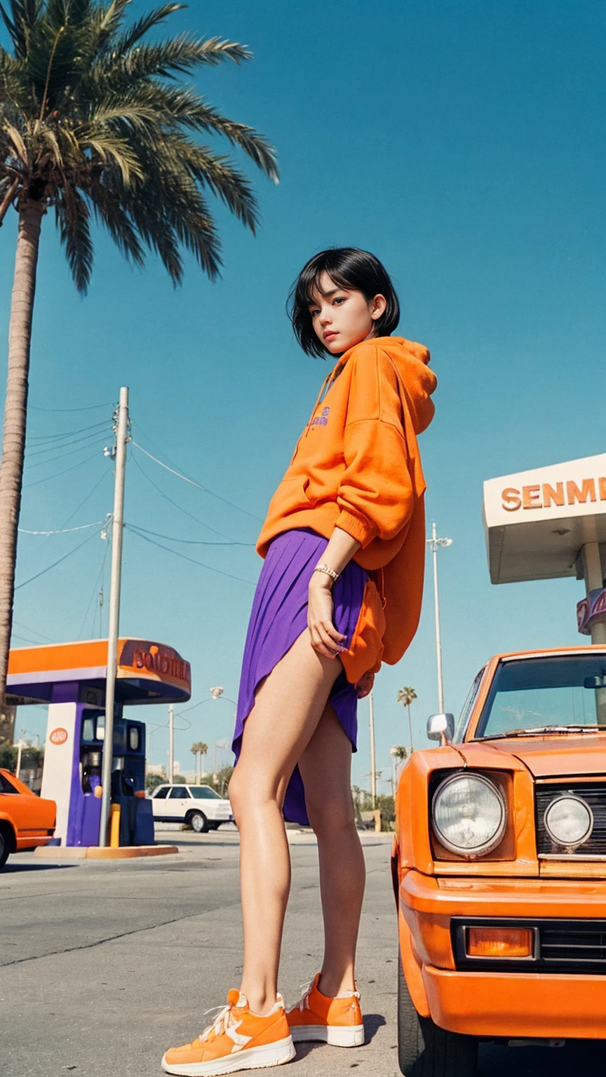 photo cinematic photograph long shot portraits by Wes Anderson, cute 23 yo girl ,fokus, bokeh ,wear ((orange color oversized_hoodie)), wear ((purple tennis skirt)),looking front,Best Quality,Masterpiece,Ultra High Resolution,(Realisticity:1.4),Original Photo, 1Girl, light leak,ultra high resolution,UHD,beautiful, (black bob hair), almond eye, no makeup, in front of ((80's los angles gas station)), (realistic:1.2), (surreal:1.3), (very detailed:1.1), ((masterpiece)),summer, blue sky, palm trees,sunny, los angles vibes,film camera, 800mm lens,style of Philip Lorca diCorcia