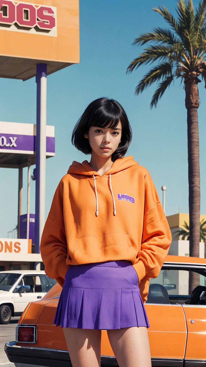 photo cinematic photograph long shot portraits by Wes Anderson, cute 23 yo girl ,fokus, bokeh ,wear ((orange color oversized_hoodie)), wear ((purple tennis skirt)),looking front,Best Quality,Masterpiece,Ultra High Resolution,(Realisticity:1.4),Original Photo, 1Girl, light leak,ultra high resolution,UHD,beautiful, (black bob hair), almond eye, no makeup, in front of ((80's los angles gas station)), (realistic:1.2), (surreal:1.3), (very detailed:1.1), ((masterpiece)),summer, blue sky, palm trees,sunny, los angles vibes,film camera, 800mm lens,style of Philip Lorca diCorcia