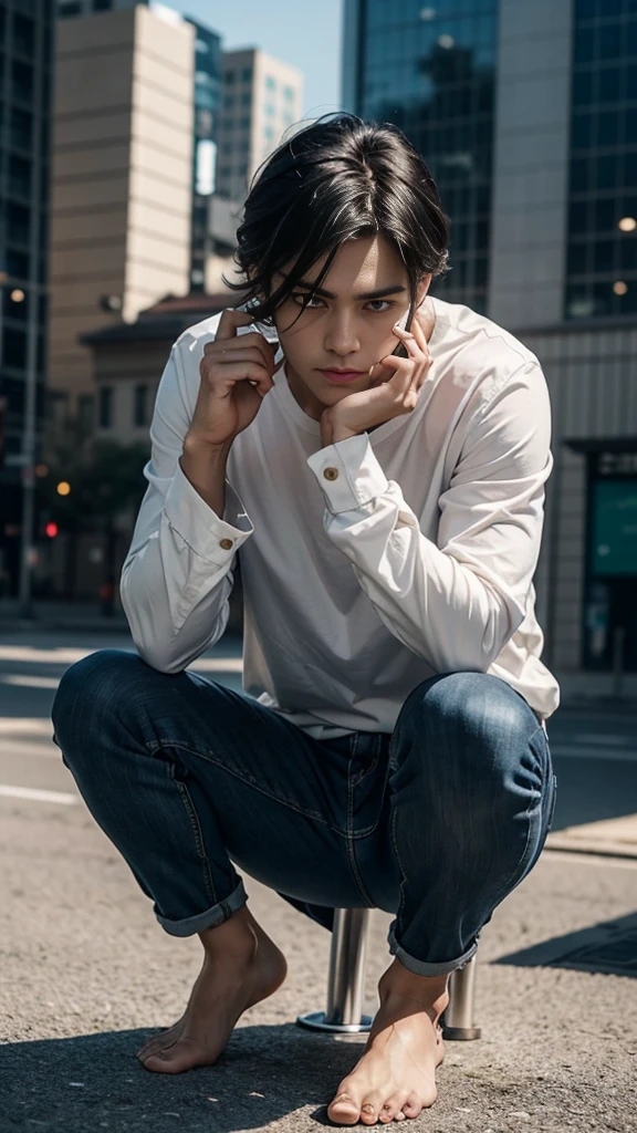 The person is also generated vertically.Create a highly detailed image of a mysterious and thoughtful young man in a crouched position. The character should have spiky black hair, large expressive eyes with dark circles, and a pale complexion. He is dressed in a loose-fitting white long-sleeve shirt and dark blue jeans. His pose is distinctive, with one hand near his mouth and the other resting on the ground for balance, and he is barefoot. The background should be minimalistic and white to emphasize the character's unique appearance and contemplative demeanor. The lighting should be soft, highlighting the character's thoughtful expression and unique posture.Background is a little horror.