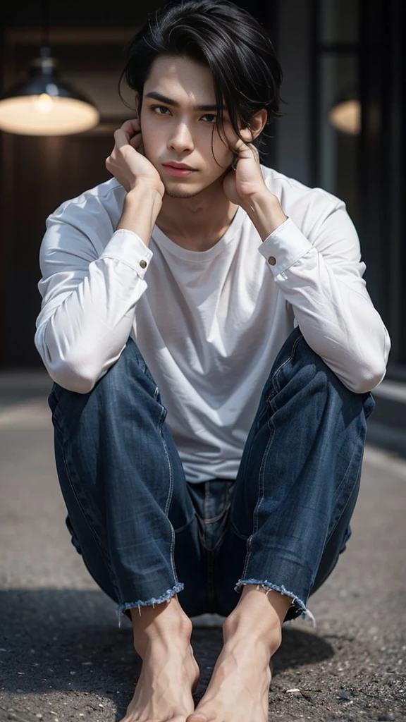 The person is also generated vertically.Create a highly detailed image of a mysterious and thoughtful young man in a crouched position. The character should have spiky black hair, large expressive eyes with dark circles, and a pale complexion. He is dressed in a loose-fitting white long-sleeve shirt and dark blue jeans. His pose is distinctive, with one hand near his mouth and the other resting on the ground for balance, and he is barefoot. The background should be minimalistic and white to emphasize the character's unique appearance and contemplative demeanor. The lighting should be soft, highlighting the character's thoughtful expression and unique posture.Background is a little horror.