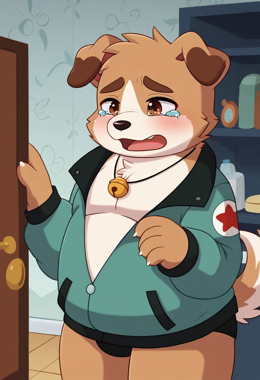 A man slightly chubby, shaped like a white dog brown ears , he Wear  a loose jacket and  Wear a necklace with bell  , sat crying in the corner of the room 