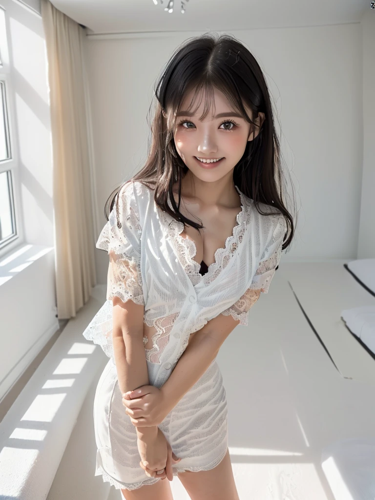 (Highest quality:1.9)、(High resolution)、Live-action image quality、((20-year-old woman、1 person))、Soft lighting by a professional photographer、Natural light、((Very spacious white luxurious room:1.6))、((Bright white room:1.6))、(Standing in front of a very luxurious white bed:1.2)、(White bookshelf background:1.1)、Natural soft light、((Black Hair Color:1.1))、Fair skin、Detailed Eyes、double eyelid、Slightly puffy cheeks、((Small Face:1.0))、((White lace short sleeve shirt、Please wear it with the chest open.:1.7))、((White and black striped skirt:1.2))、(Cute Smile)、((Girly pose 1.8))、((Long curly hair:1.1))、((Full Body Shot:1.2))、((Height: 165cm))、Hands in front、Hold hands between legs、