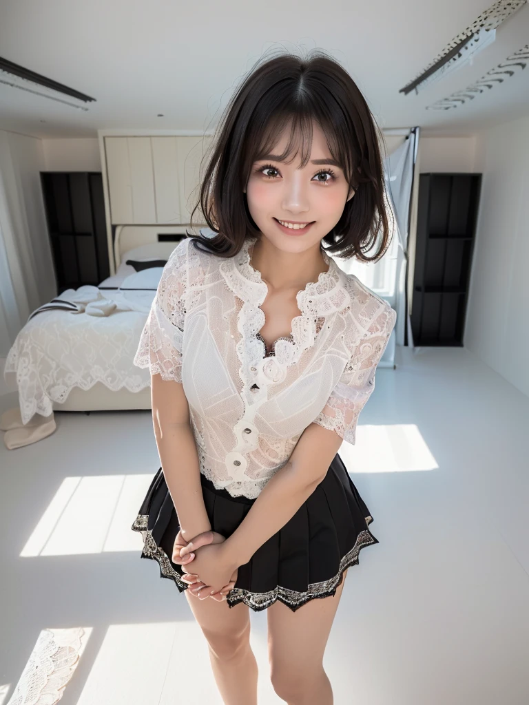 (Highest quality:1.9)、(High resolution)、Live-action image quality、((20-year-old woman、1 person))、Soft lighting by a professional photographer、Natural light、((Very spacious white luxurious room:1.6))、((Bright white room:1.6))、(Standing in front of a very luxurious white bed:1.2)、(White bookshelf background:1.1)、Natural soft light、((Black Hair Color:1.1))、Fair skin、Detailed Eyes、double eyelid、Slightly puffy cheeks、((Small Face:1.0))、((White lace short sleeve shirt、Please wear it with the chest open.:1.7))、((White and black striped skirt:1.2))、(Cute Smile)、((Girly pose 1.8))、((Long curly hair:1.1))、((Full Body Shot:1.2))、((Height: 165cm))、Hands in front、Hold hands between legs、