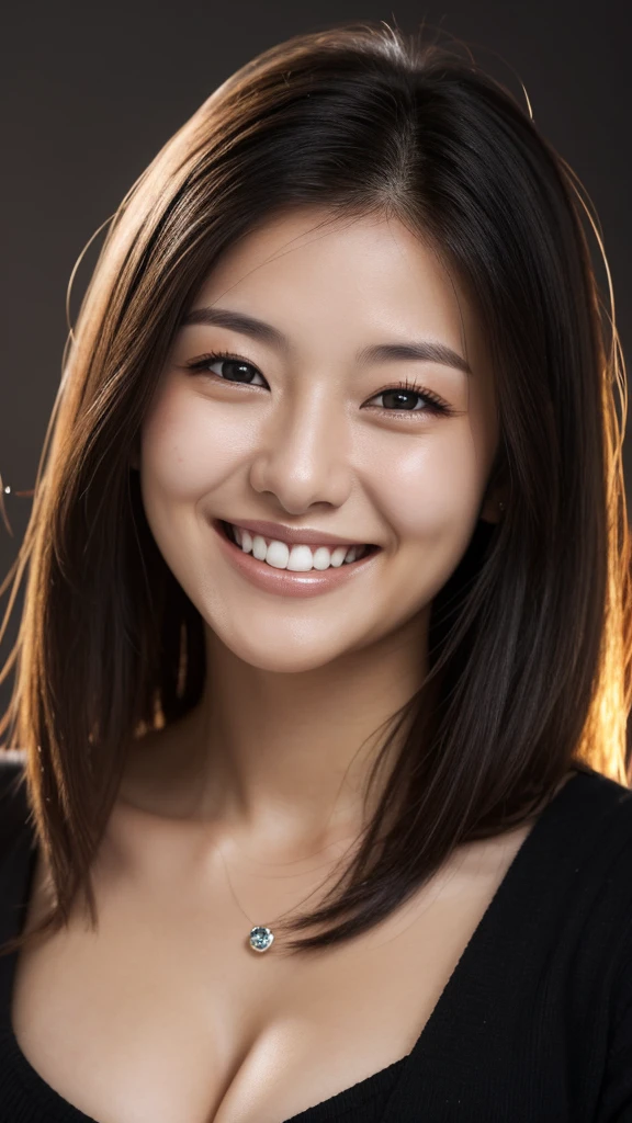 30-year-old woman, Chest Shot, Iris, Black Hair, Warm Background, Grin