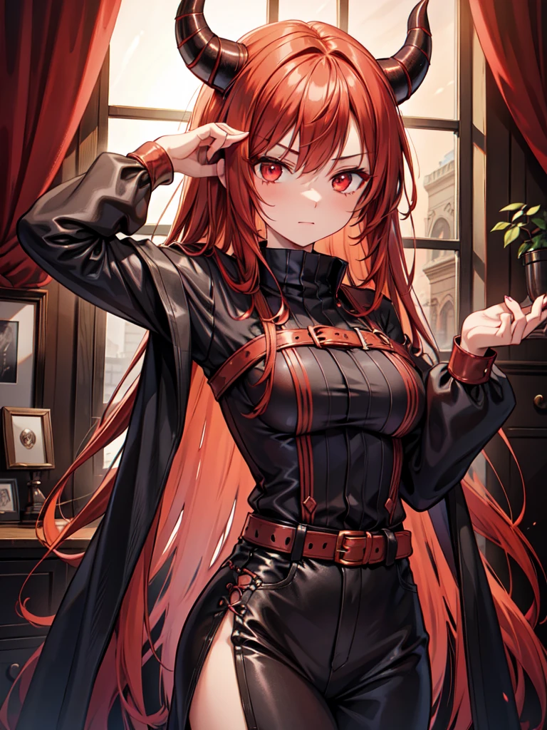 Girl with copper-amber hair, dark red eyes , sexy dark clothes, sly facial expression, , on the head there are black small demonic horns, average build , belt art , high detail studio light