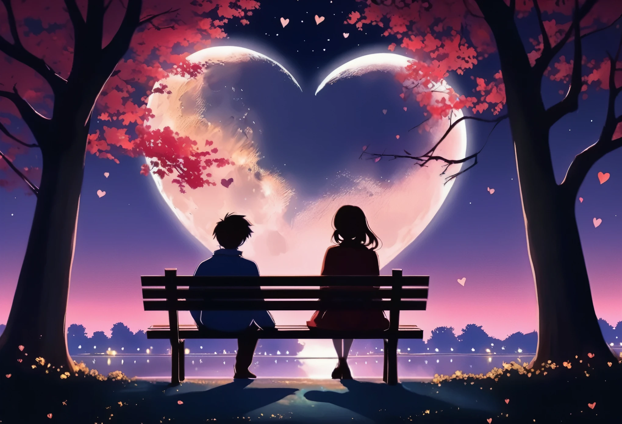 Back view, Anime style, a couple sitting on a bench in the park, at night, (Valentine mood :1.2), full moon, heart-shaped shadow on the moon