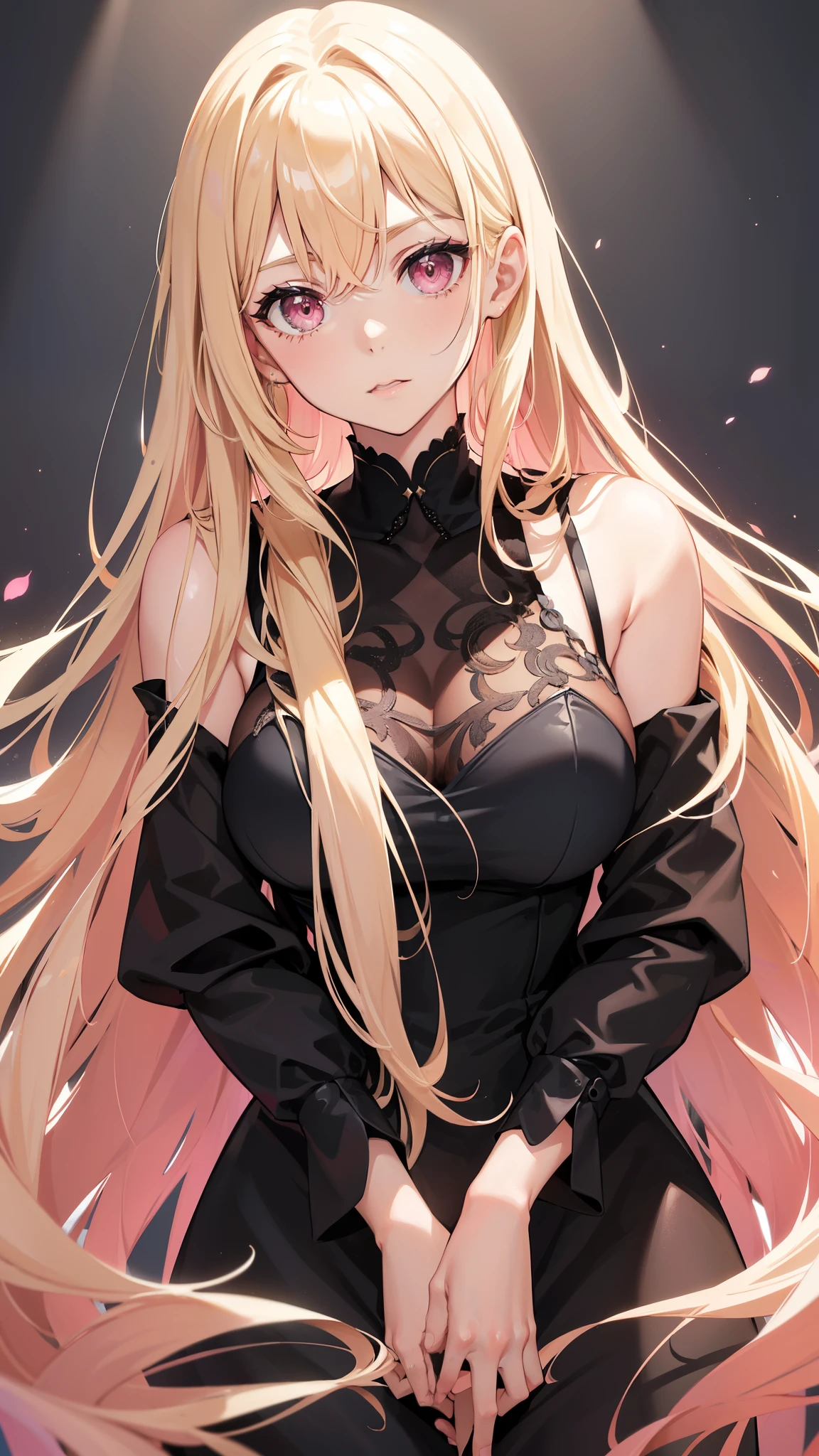 (((Adult woman))), pink eyes, (long blonde hair), black swan dress