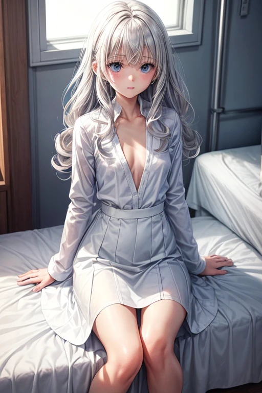 One Woman Man,Silver Hair,Medium Hair,Curly Hair,blue eyes,Wearing a white coat,White shirt,White long skirt,Health Room,School teacher,teacher,,Small ,Small breasts,,flat chest,clear,Sitting,bed