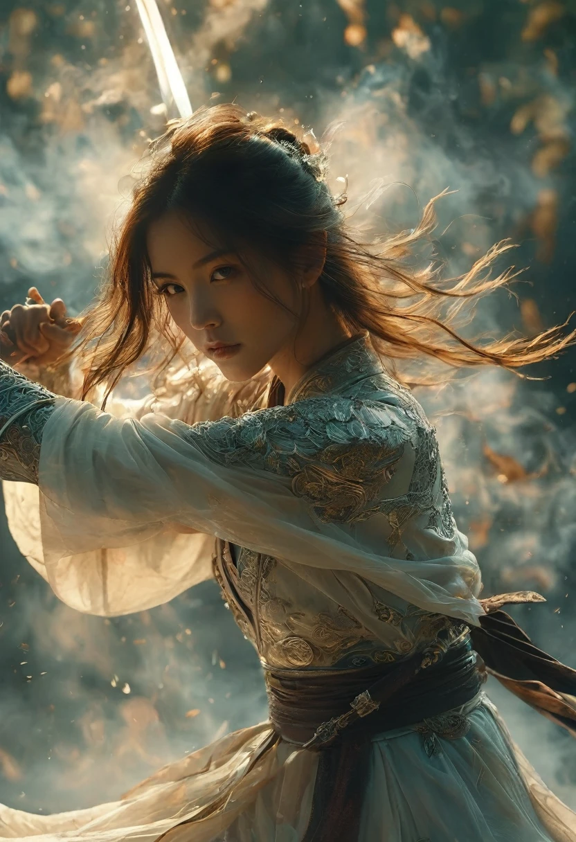 upperbody Photography of female swordman,looking at the camra, atomically correct,Raw, cinematic shot, (sharp focus:1.5), (photorealistic:1.4), twilight lighting, volumetric lighting, ultra high res, 16K,dramatic lighting, abstract backgrounds:1.5),Glowing sword,(Fighting posture),Hold the hilt of a sword in your hand,1sword,solo,(zentangle,datura,Tangles,entangled:0.7) , depth of field, Fantastical Atmosphere, The most beautiful form of chaos, ellegance, Dark theme of Fauvist design, Flower of Death, Flowers of ecstasy,Glowing Line,Glow Example,Tracking example,flash, Backlight,translucent,light particles,jade,xianxia
