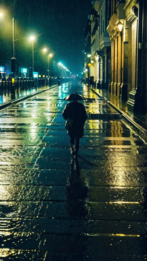 A rain-soaked sidewalk Night view London