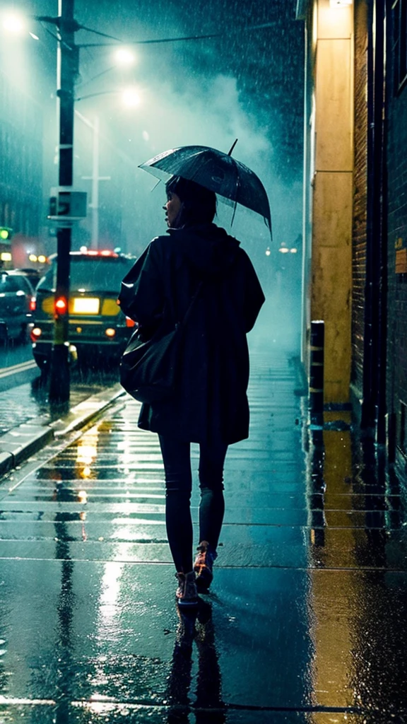 A rain-soaked sidewalk Night view London