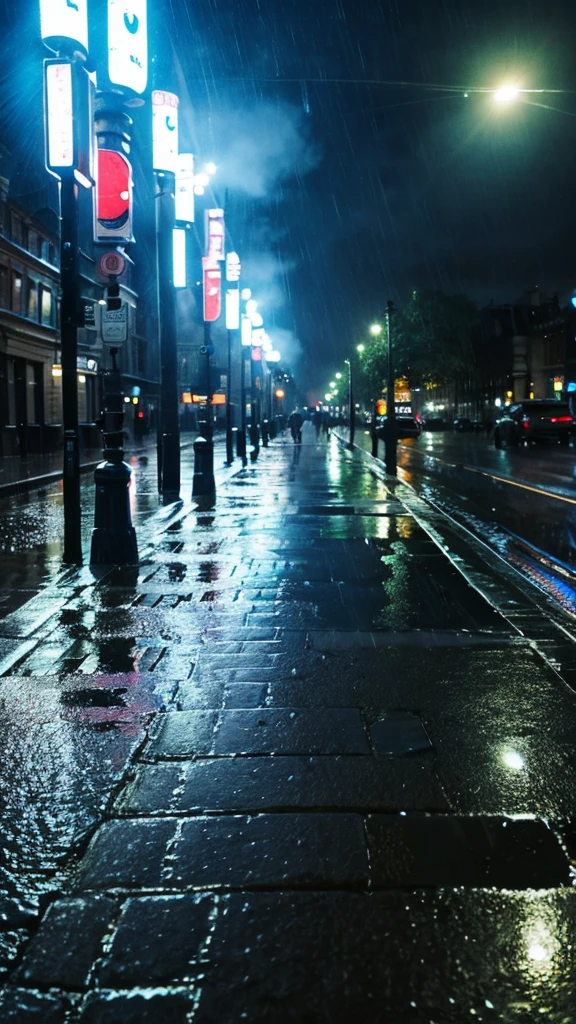 A rain-soaked sidewalk　Night view　London