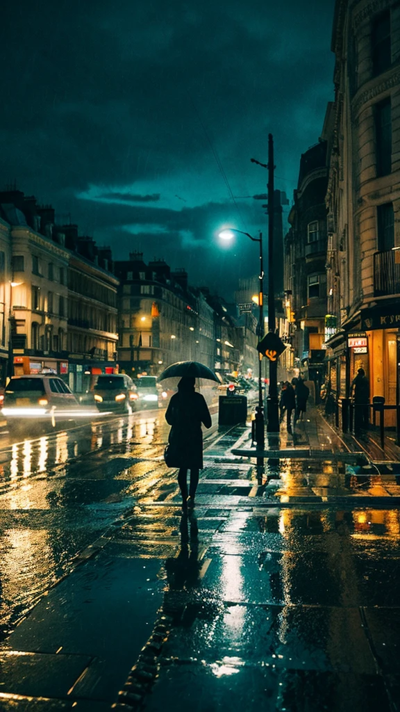 A rain-soaked sidewalk　Night view　London