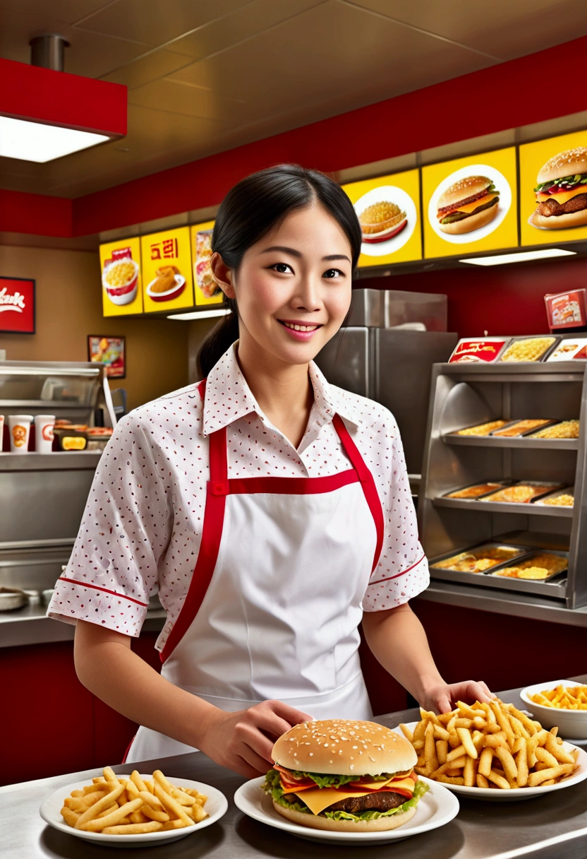 (Fast Food Worker), Cyberpunk style, a fast food clerk is doing the final tidying up work in the restaurant at night. The lights inside the restaurant emit charming colors, and the clerk's figure appears particularly prominent at the window, with the background of night city, full body, (Photography), panoramic view, award-winning, cinematic still, emotional, vignette, dynamic, vivid, (masterpiece, best quality, Professional, perfect composition, very aesthetic, absurdres, ultra-detailed, intricate details:1.3)