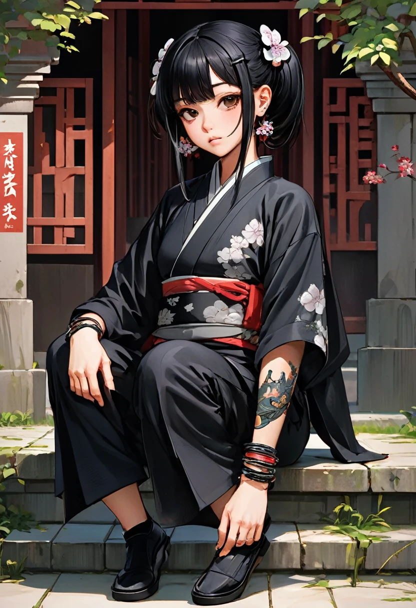 The image shows a young girl sitting in what appears to be an outdoor setting, possibly in an environment resembling a temple or a traditional Japanese area. The girl's hair is black and styled in an anime-like fashion, with two small braids on the sides. Her eyes are large and expressive, with a hint of contemplation or sadness in her gaze. She has tattoos covering her arms and legs, including intricate designs featuring dragons and flowers. She is wearing a loose black shirt with a drawing of a dog on the chest, possibly with some Japanese writings or symbols on the sleeve. She is adorned with several necklaces and bracelets, giving her a youthful and trendy appearance. She also has some earrings. Behind the girl, there is a pair of traditional Japanese swords (katana) strapped to her back, giving her a warrior-like look.緒に